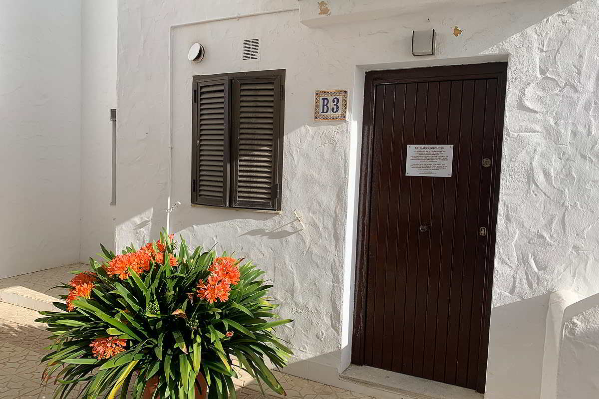 Entrada con puerta de madera, planta con flores naranjas y fachada blanca en la urbanización Las Cañas.