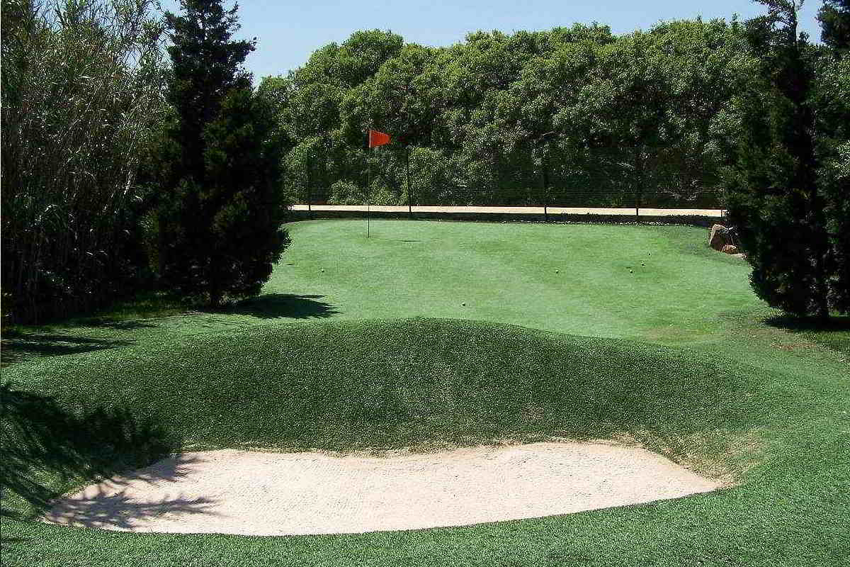 Green de golf del chalet La Ahumada, con césped bien cuidado y un entorno rodeado de árboles.