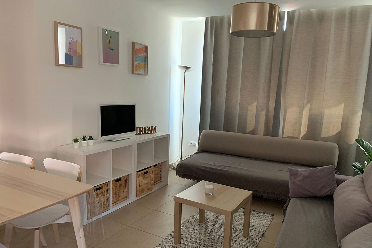 Salón con sofá cama, televisor y decoración sencilla.