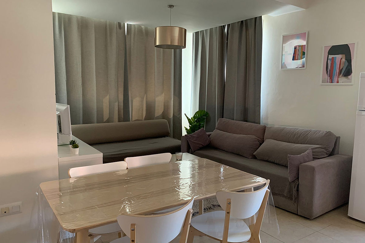 Salón con mesa de comedor y dos sofás grises junto a una ventana.