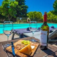 Mesa con vino, queso, uvas y nueces junto a tumbonas en la piscina del Chalet La Ahumada, rodeada de vegetación y luz de verano.
