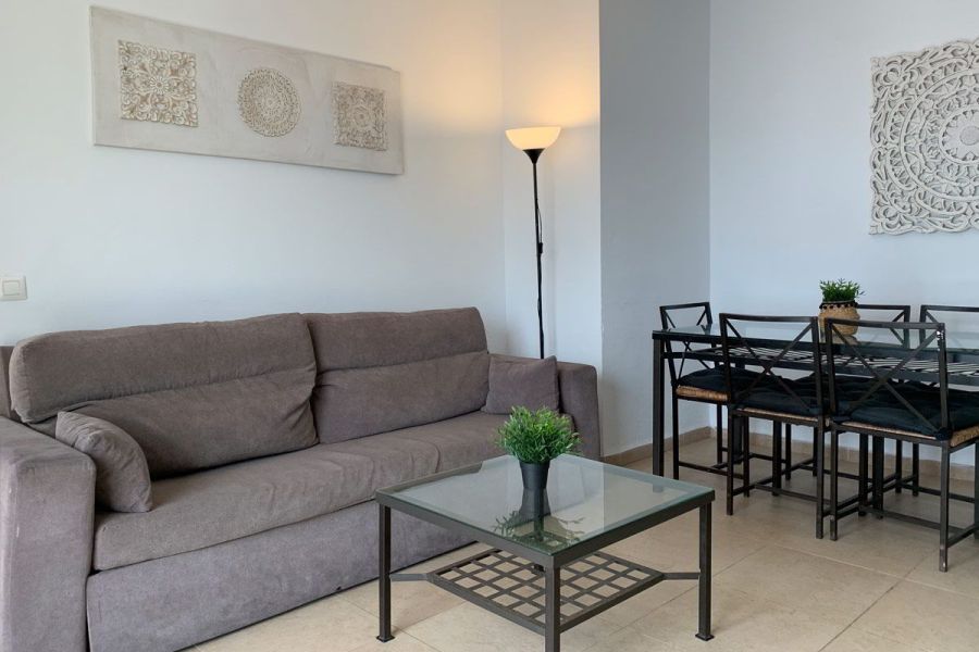 Salón del apartamento Freedom en Tarifa con sofá marrón y decoración en blanco y negro.