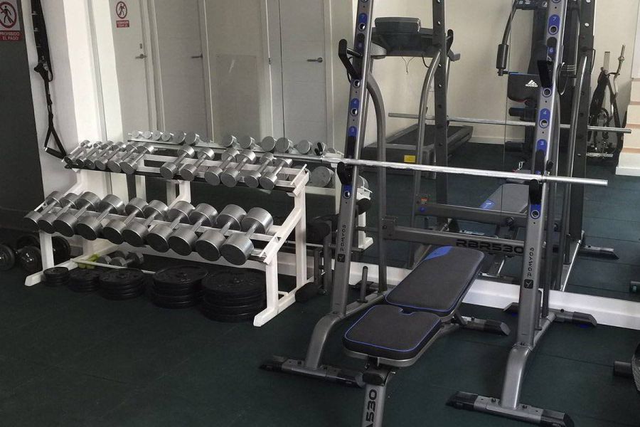 Zona de entrenamiento del gimnasio del Edificio Senses con pesas y equipo de musculación.